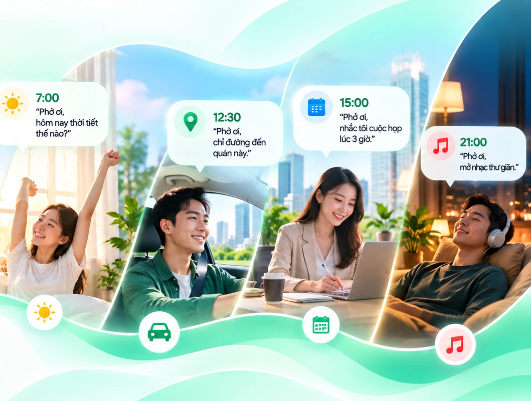 Bốn khoảnh khắc trong ngày: 7:00 hỏi thời tiết, 12:30 tìm đường, 15:00 nhắc họp, 21:00 mở nhạc.